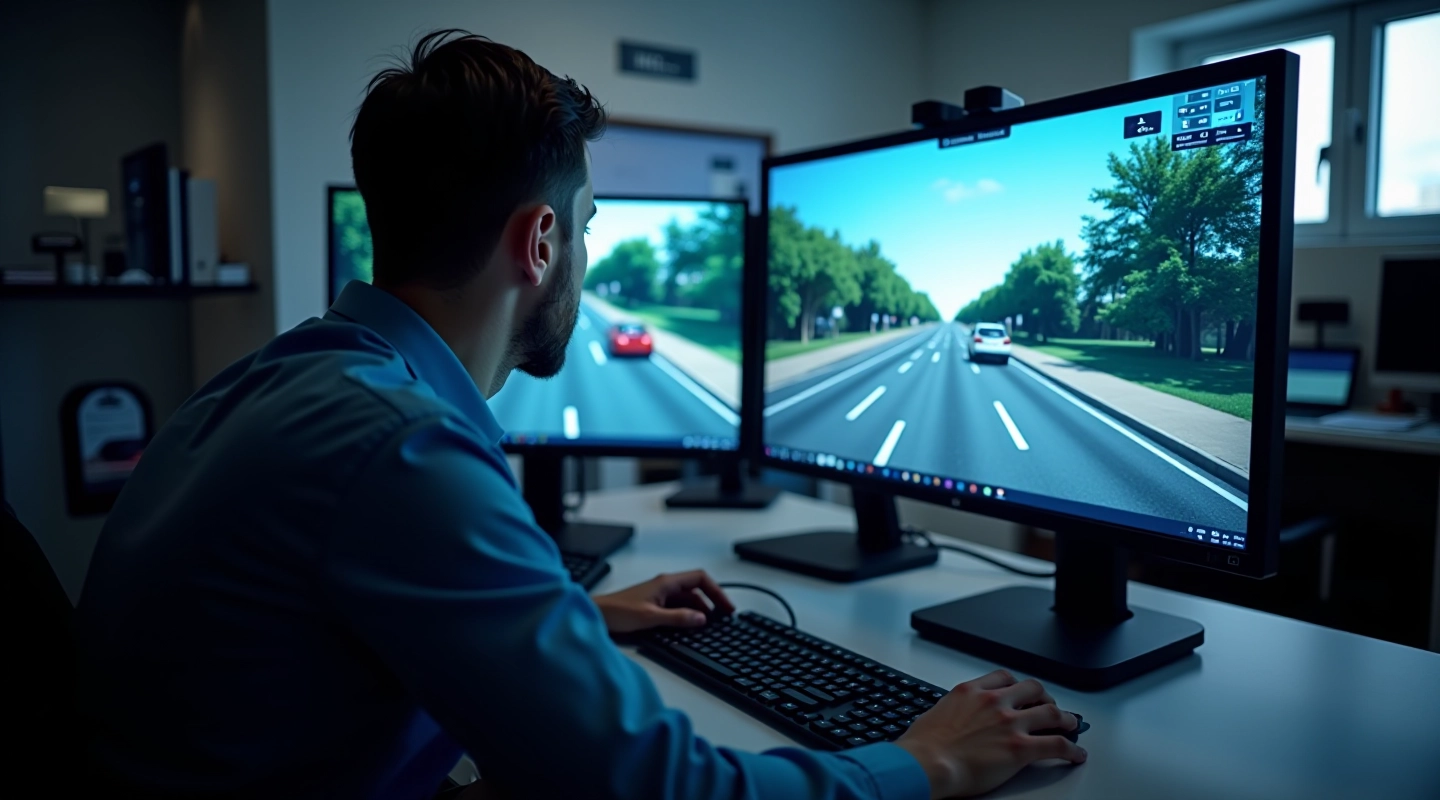 Professional dual-monitor workstation displaying deep Q-learning neural network architecture and training metrics