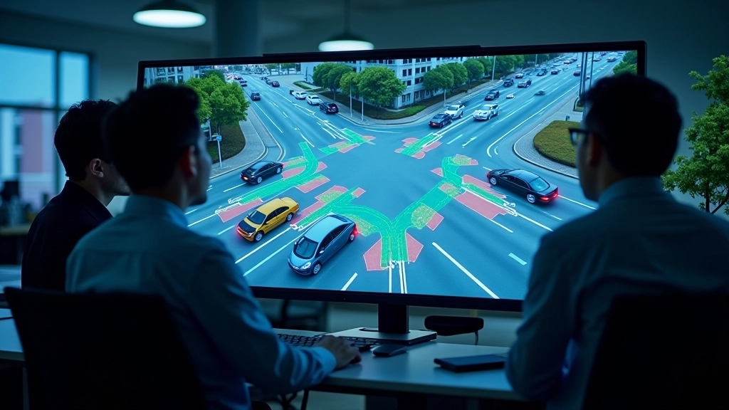 Research laboratory with simulation environment showing multiple autonomous vehicles interacting in urban traffic scenario